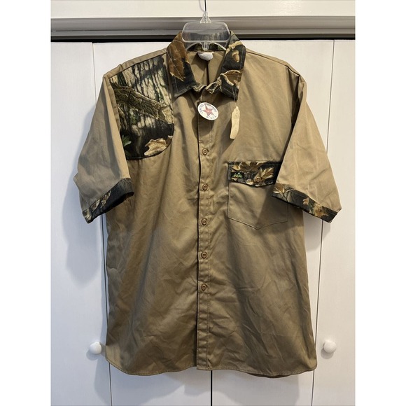 Ideal Other - VTG Ideal Men L Khaki Camo Trim, Short Sleeve Canvas Hunting/Shooting Shirt NEW!